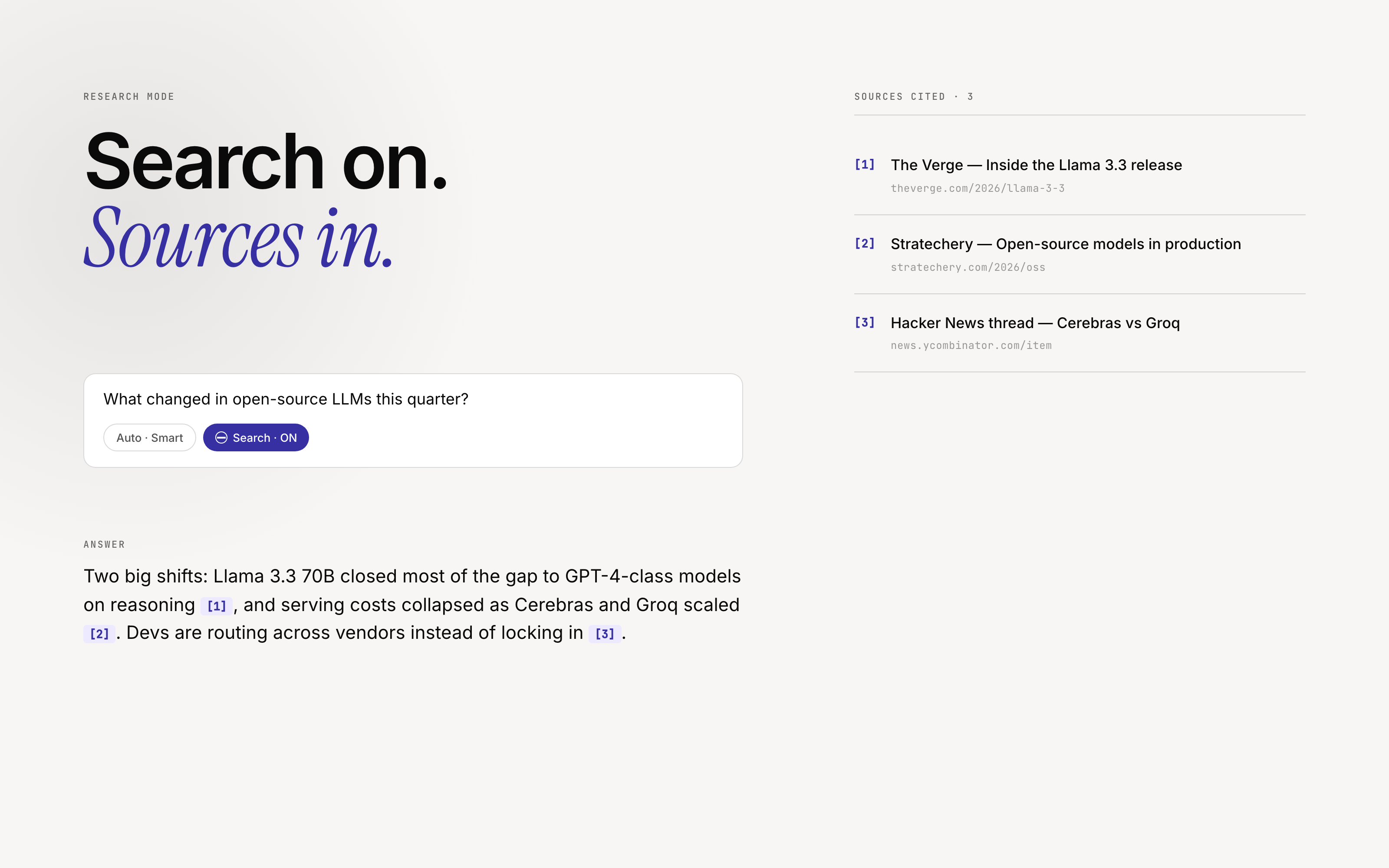 Headline 'When the answer needs current sources, turn on Search.' Chat composer with a Search toggle highlighted, then an answer streaming below with numbered citation chips that link to source articles in a side panel.