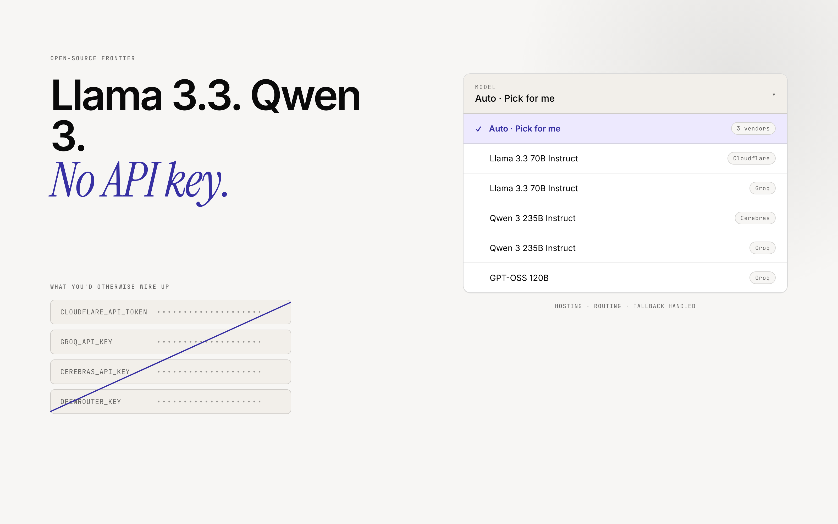 Headline 'Llama 3.3 70B. Qwen 3 235B. No API key needed.' Model picker dropdown open with multiple open-source models listed, each labelled with a vendor tag, with a checkmark on the selected one.